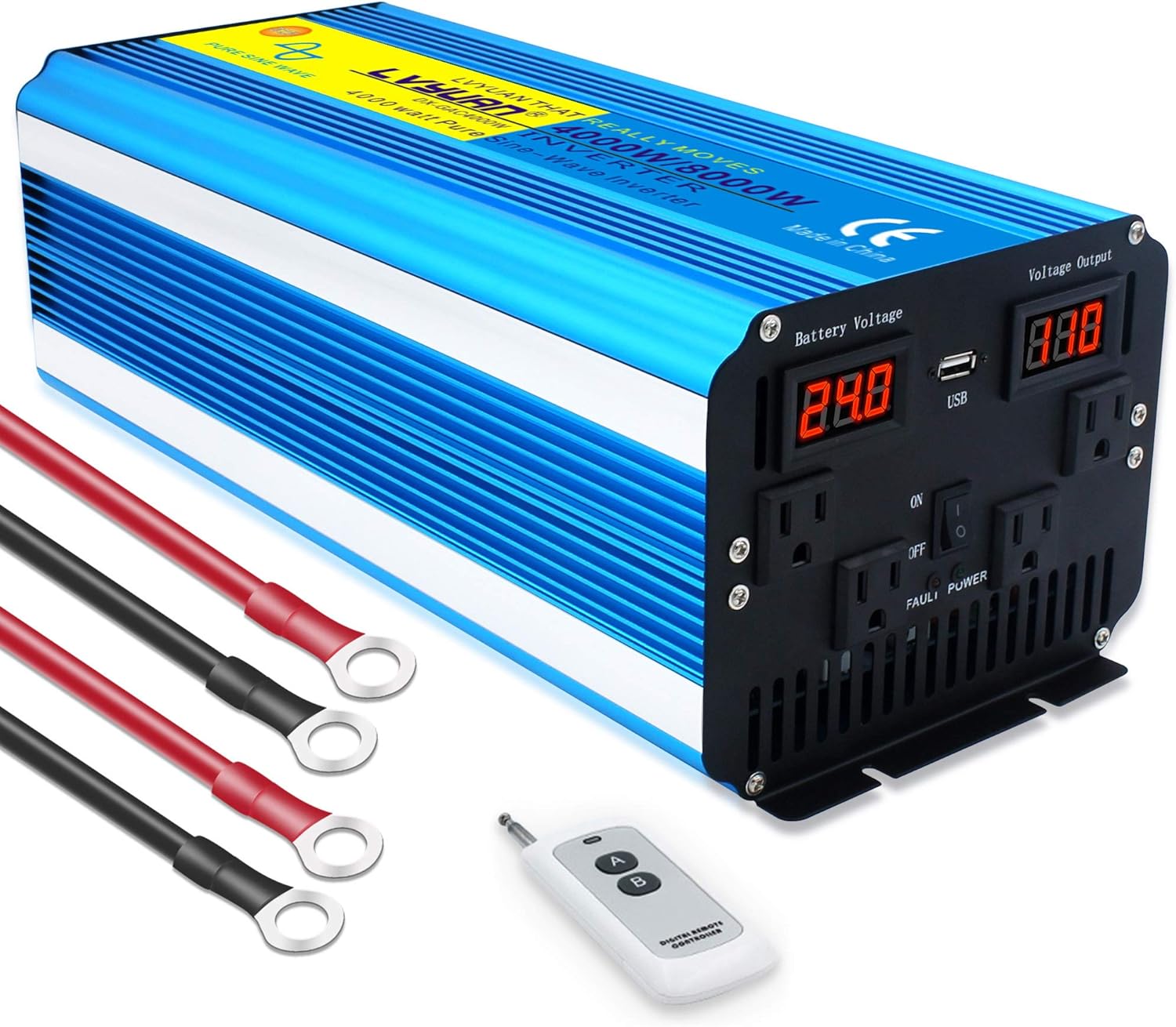 4000W Pure Sine Wave Power Inverter 24V to 110V DC to AC with LED Display Remote Controller H291