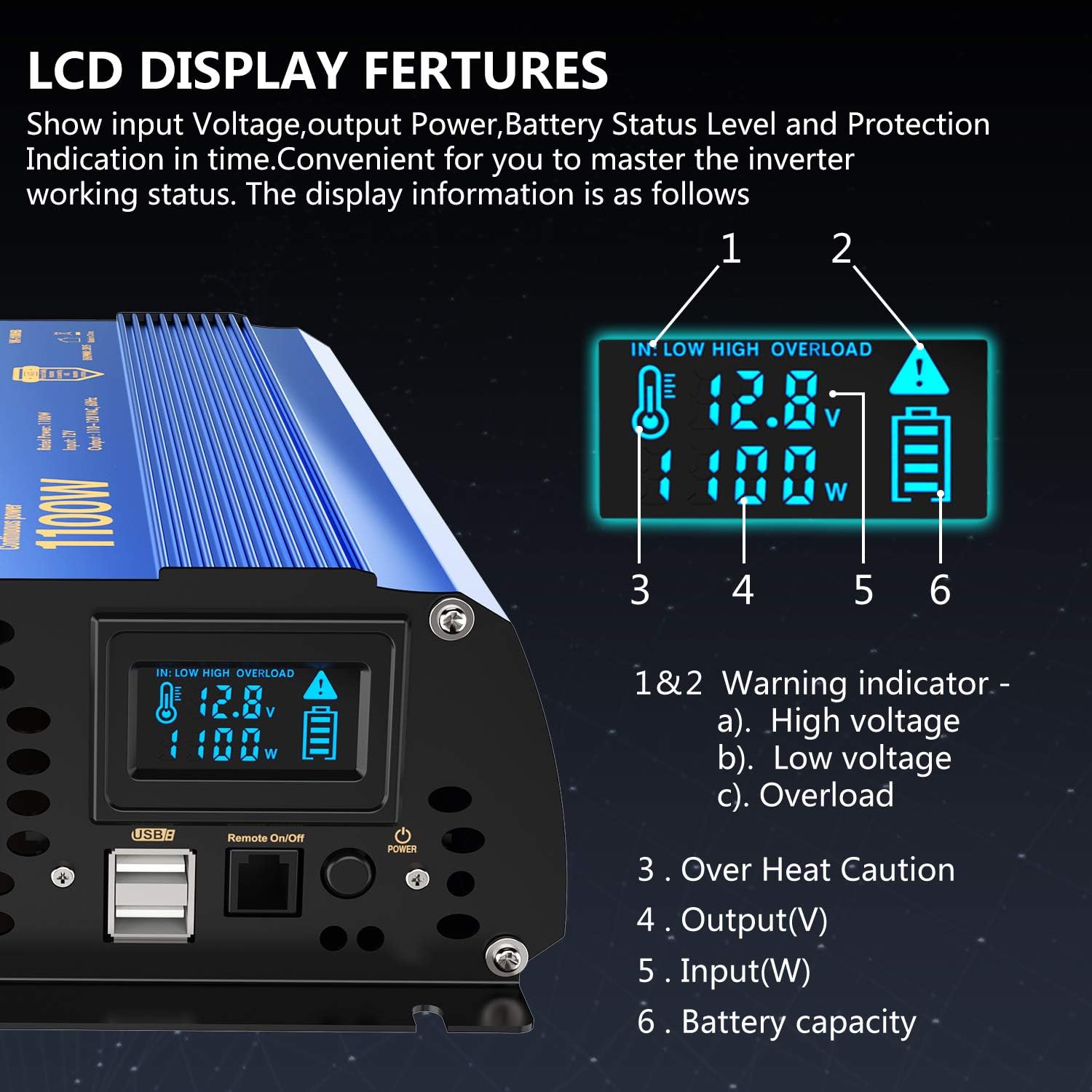 1100 watt DC 12V to AC 120V Modified Sine Wave Inverter with LCD Display Remote Control 2AC Outlets Dual 2.4A USB Ports X956515