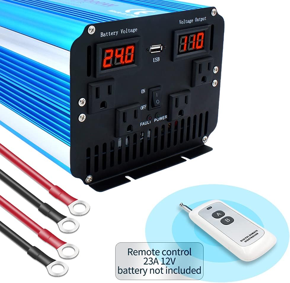 4000W Pure Sine Wave Power Inverter 24V to 110V DC to AC with LED Display Remote Controller H291