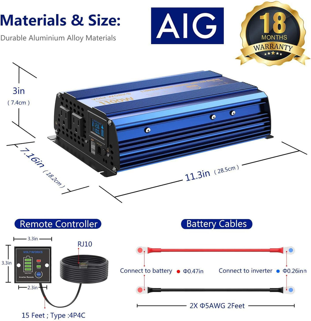 1100 watt DC 12V to AC 120V Modified Sine Wave Inverter with LCD Display Remote Control 2AC Outlets Dual 2.4A USB Ports X956515