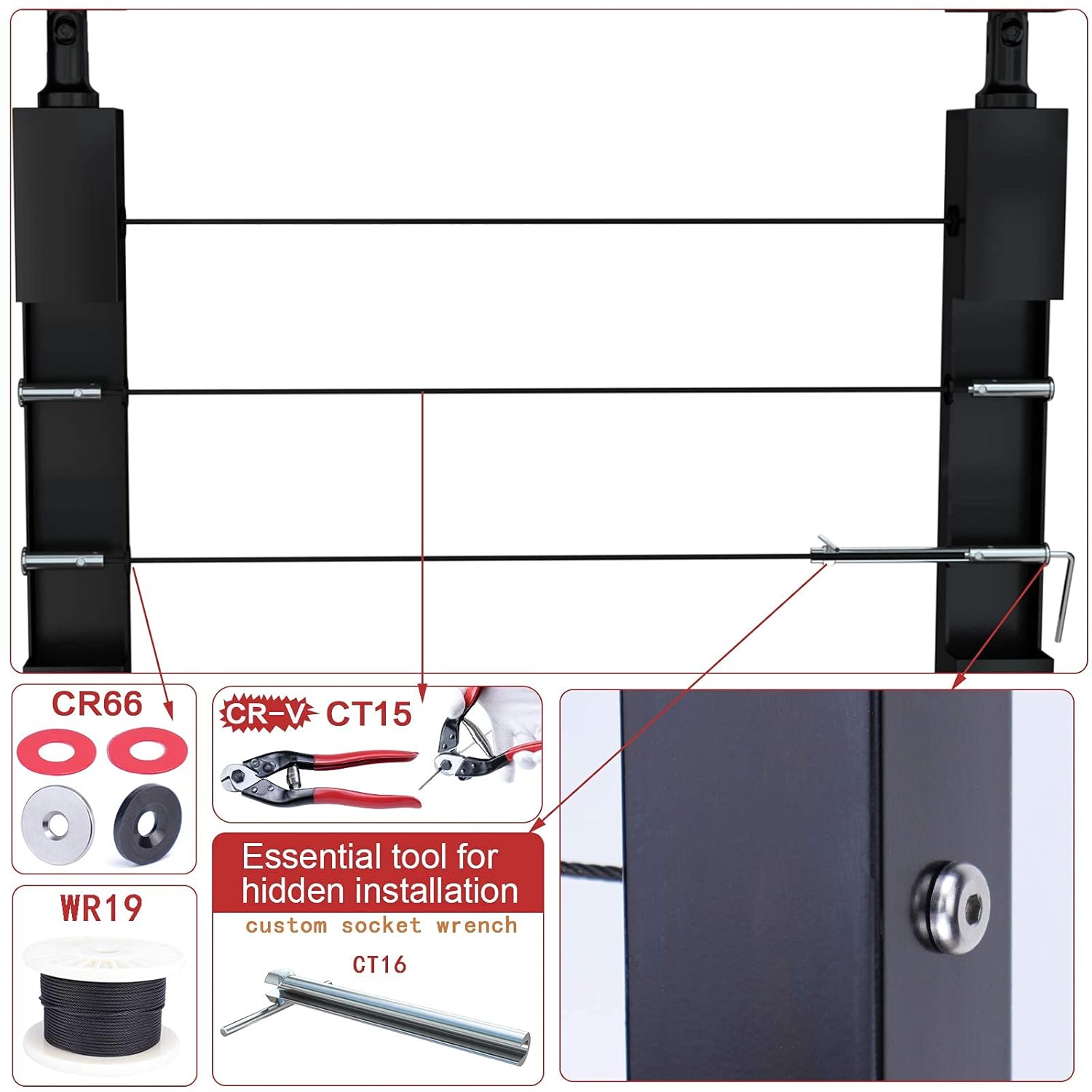 40Set Cable Railing Kit Invisible Swageless Turnbuckle Tensioner Terminal Hidden Round Head for 2x2 Metal Post Deck Stairs G17017