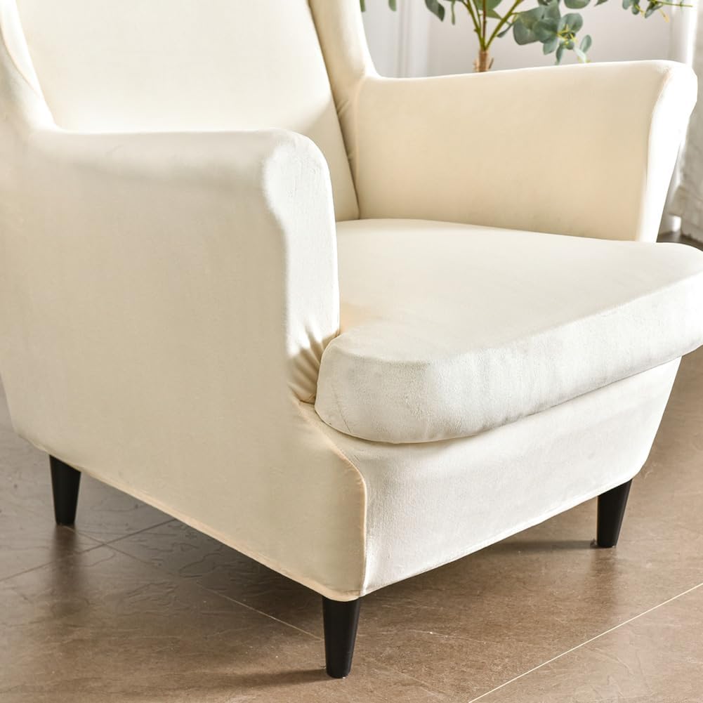 Beige Velvet Stretch Wingback Chair Sofa Slipcover with Elastic Bottom I5340