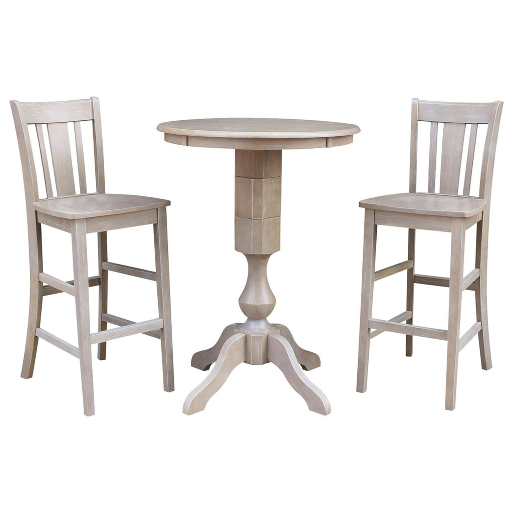 Washed Gray Taupe Round Pedestal Bar Height Table with 2 Bar Height Stools B567