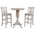 Washed Gray Taupe Round Pedestal Bar Height Table with 2 Bar Height Stools B567
