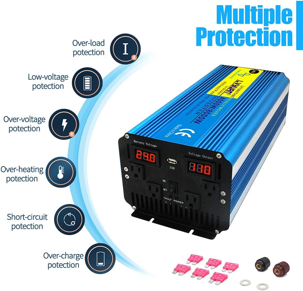 4000W Pure Sine Wave Power Inverter 24V to 110V DC to AC with LED Display Remote Controller H291