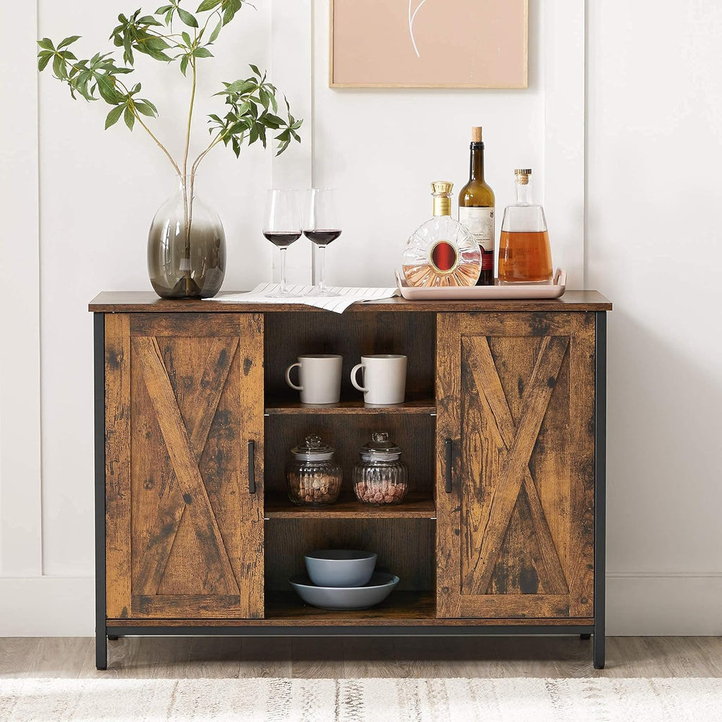 Rustic Brown and Black Buffet Cabinet with Barn Doors G39691