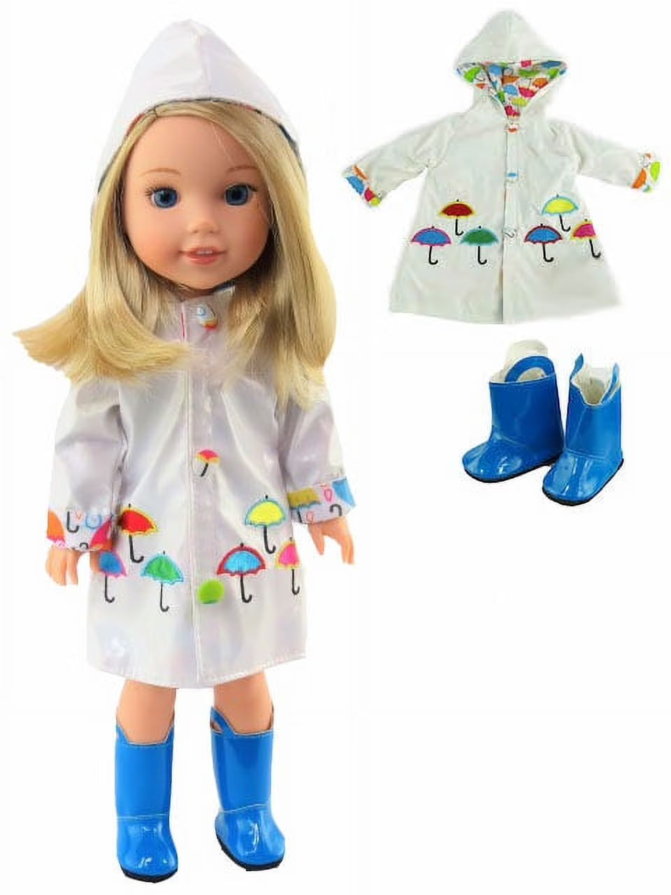 White Raincoat with Electric Blue Rain Boots For 14 Inch Dolls J22515