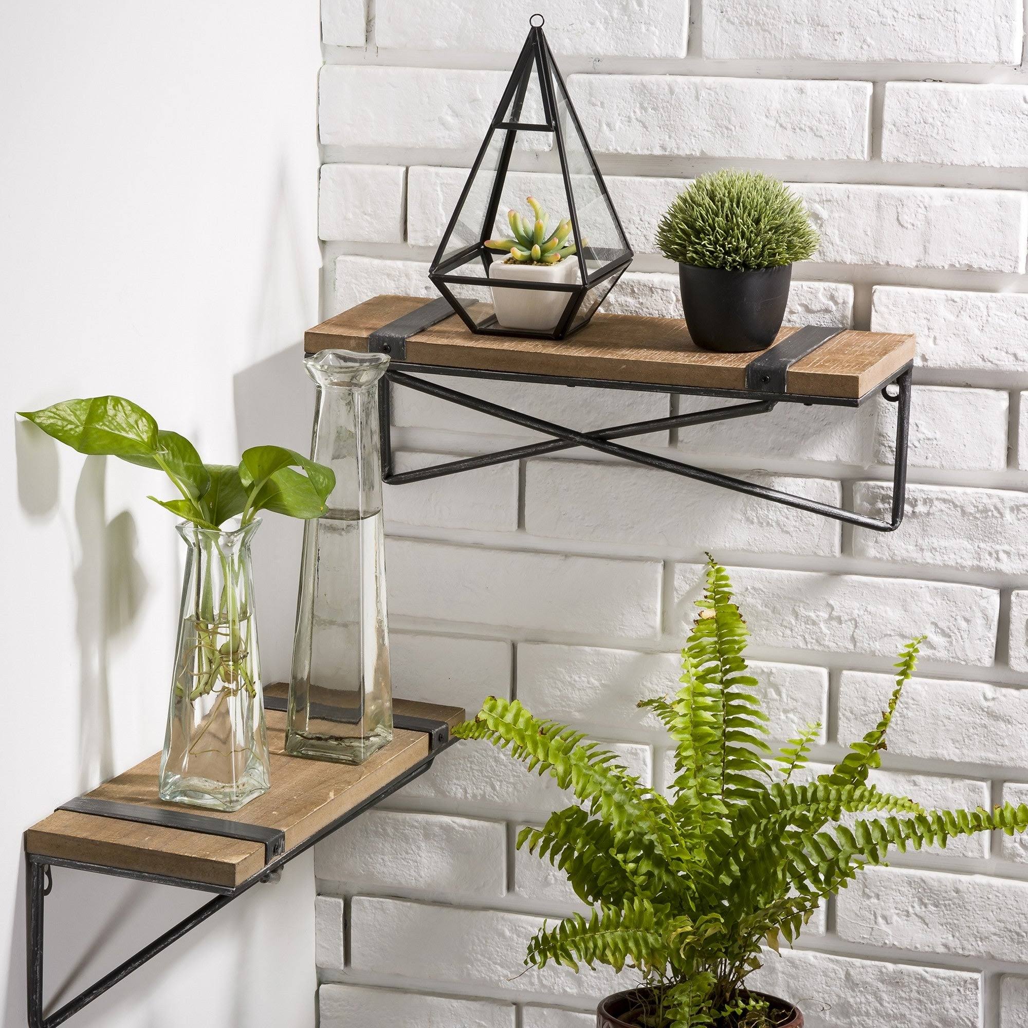 Farmhouse Rustic Metal Wooden Wall Shelf Set of Two E2866