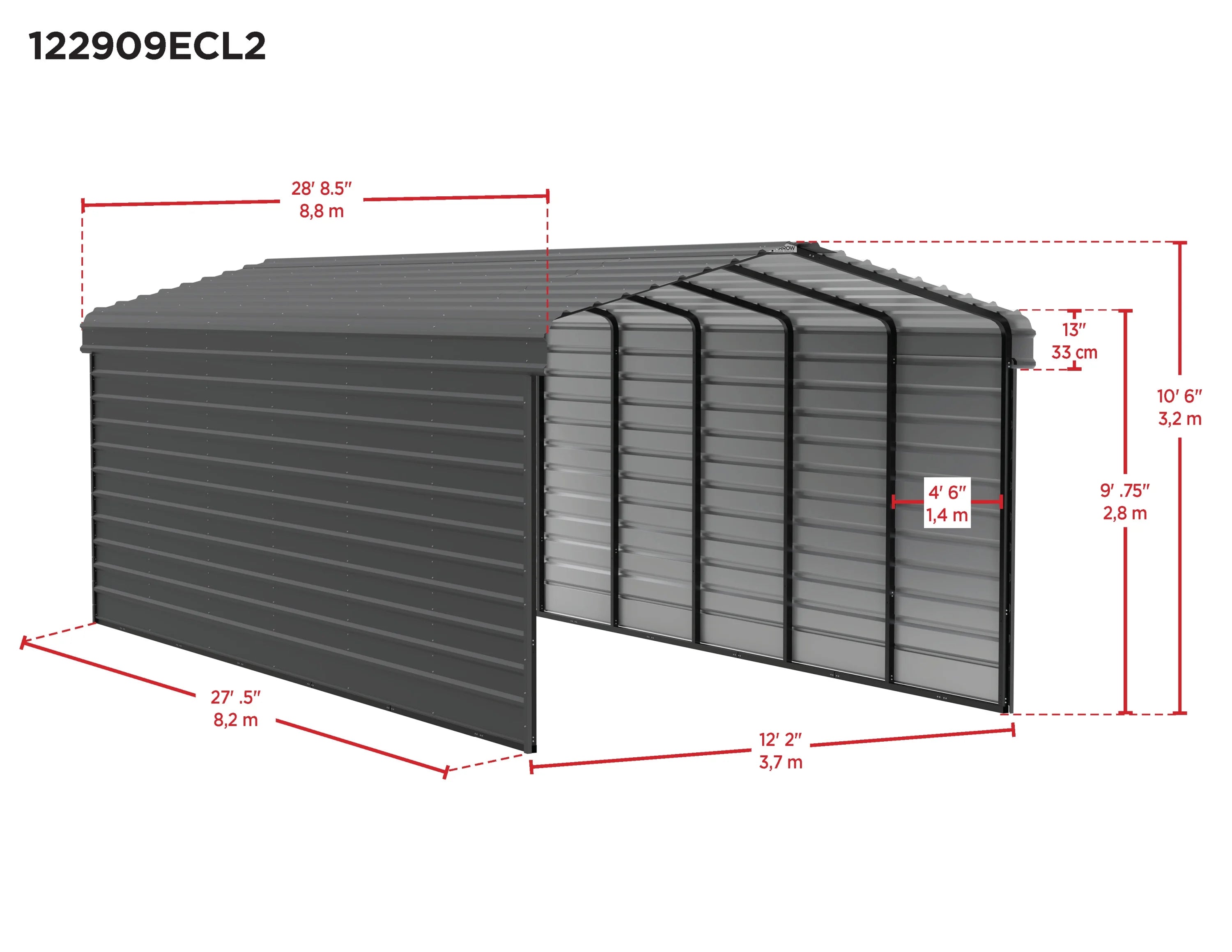Galvanized Steel Carport Kit, 12' x 29' x 9' V385