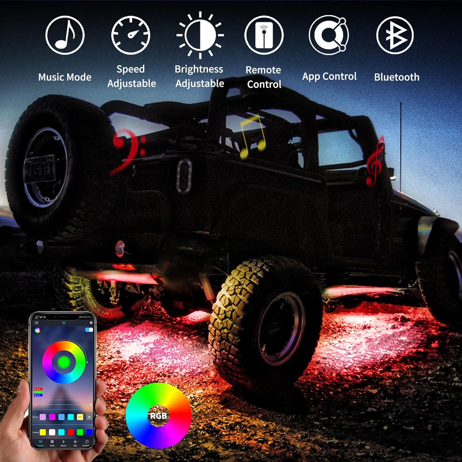 RGB LED Rock Lights Multicolor Underglow Light Kit 6 Pods Pack of 2 U697412
