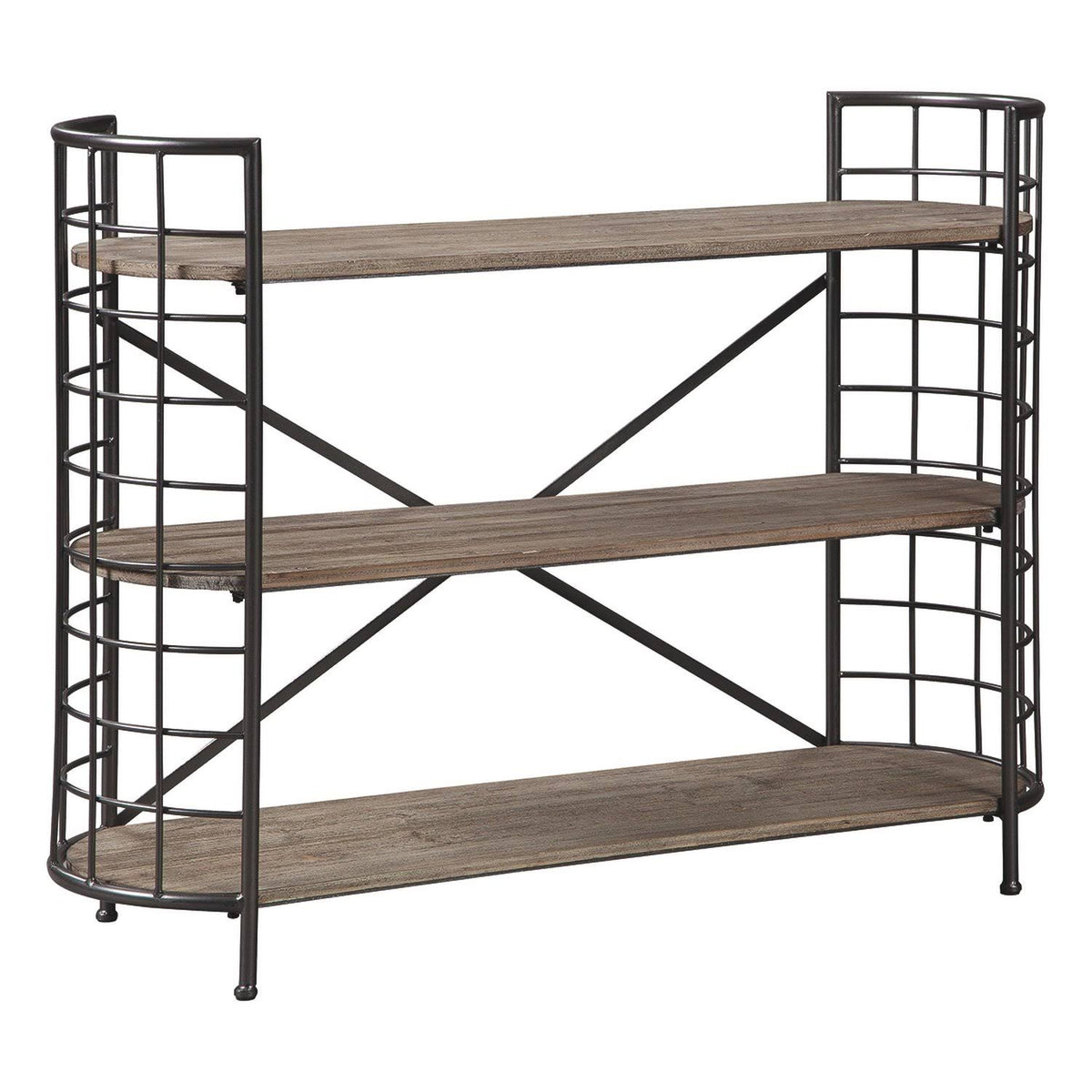 Brown and Black Wood and Metal Bookcase with 3 Open Shelves J328