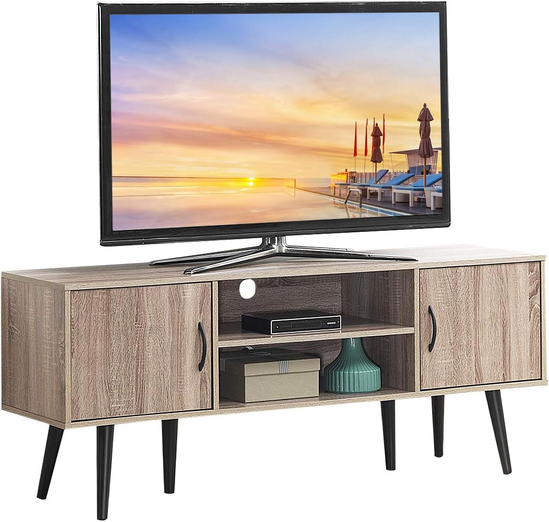 Light Walnut Wooden TV Stand with 2 Storage Cabinets T7496
