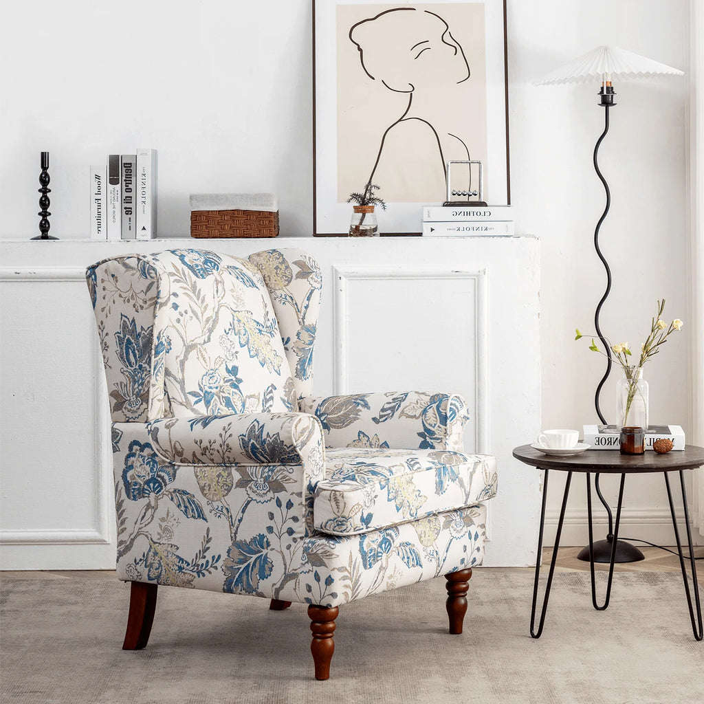Blue Floral Print Upholstered Armchair P477