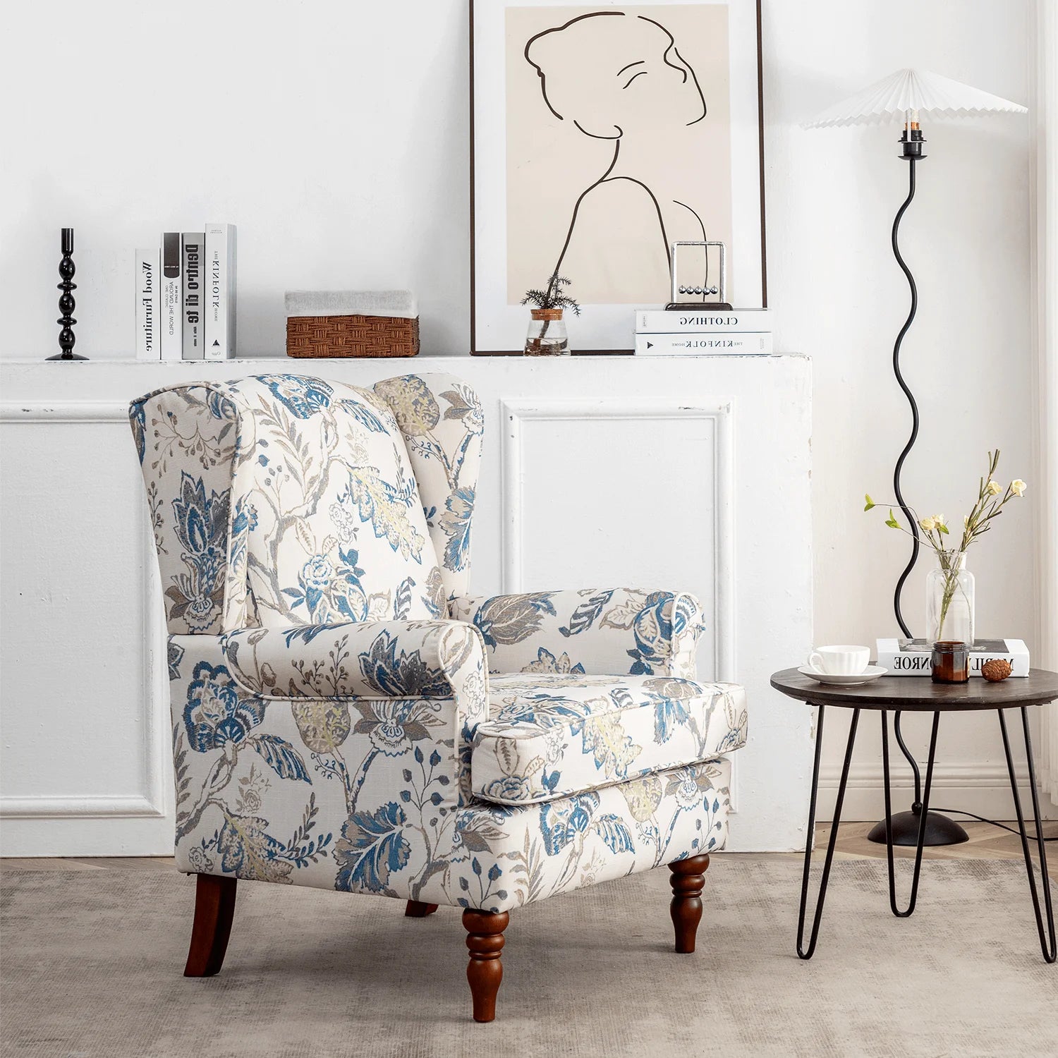 Blue Floral Print Upholstered Armchair P477