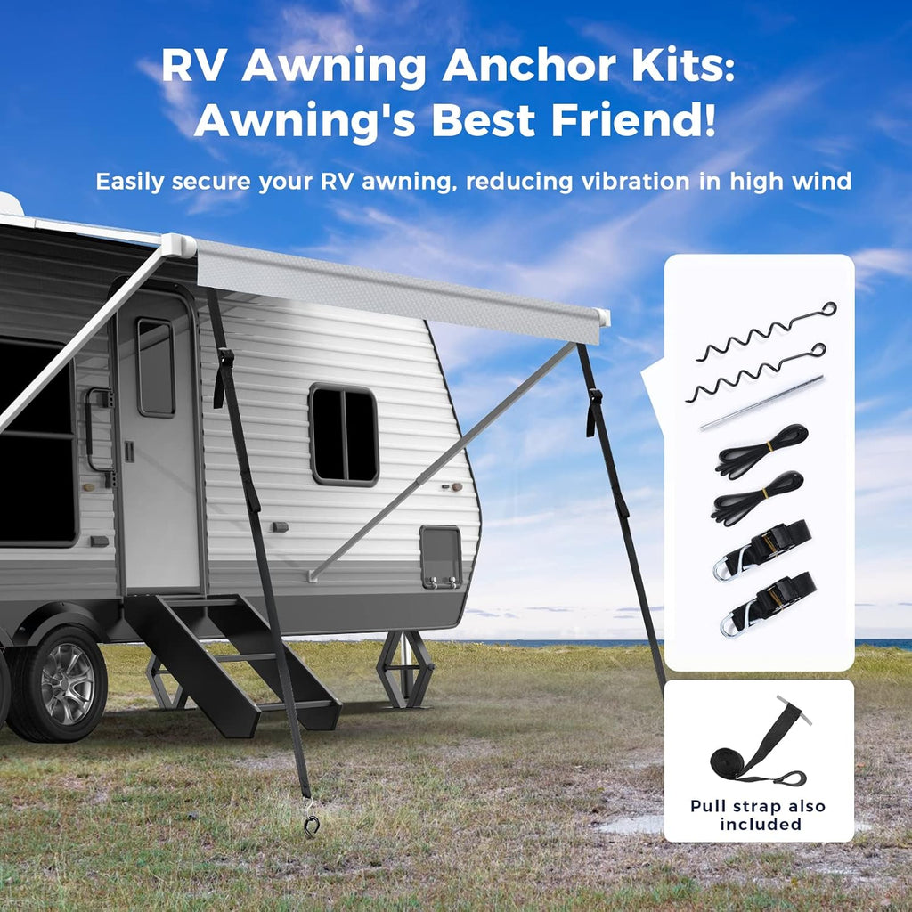 280GSM RV Awning Replacement Fabric with Awning Anchor Kits & Pull Tension Strap, Gray D3978