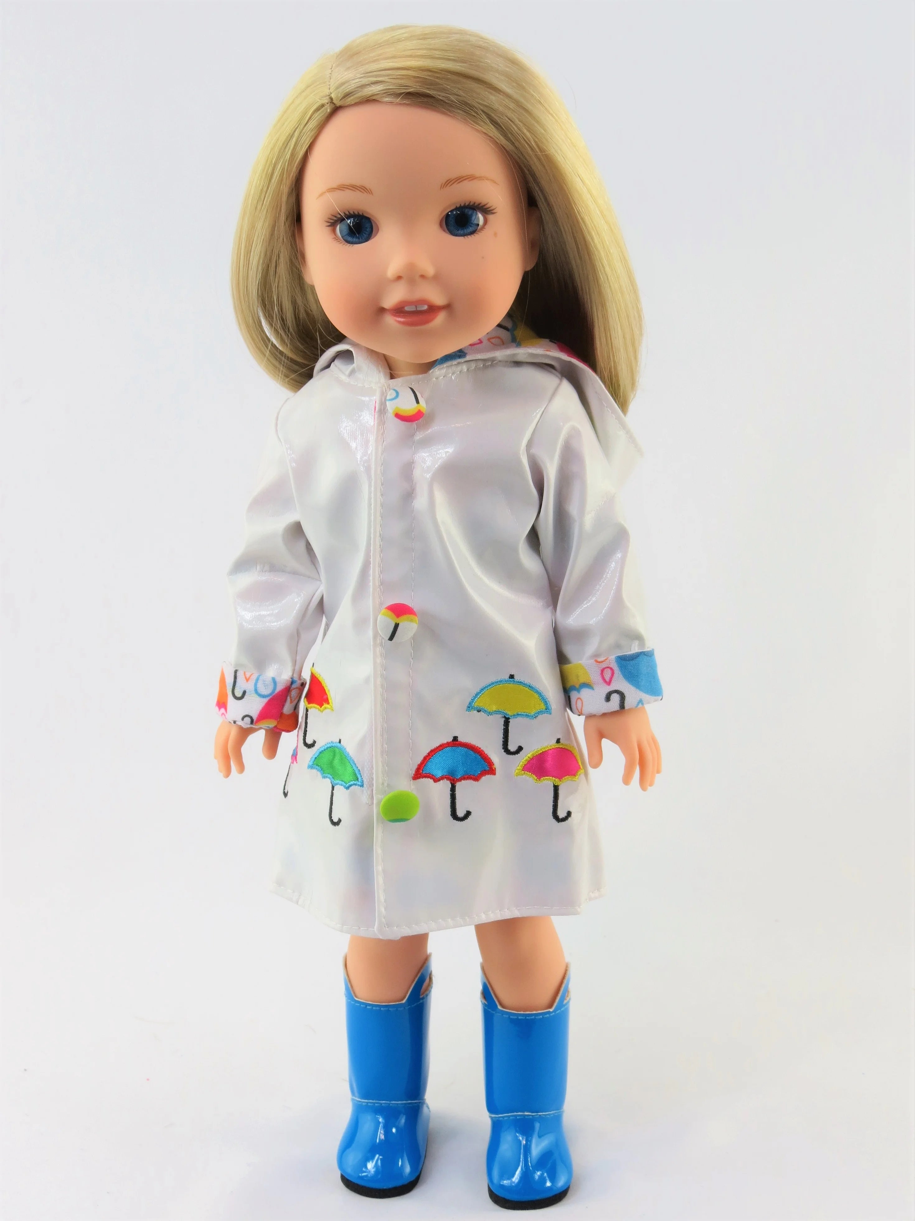 White Raincoat with Electric Blue Rain Boots For 14 Inch Dolls J22515