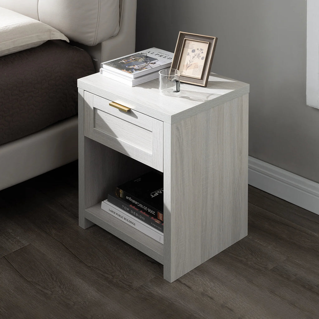 Pale Oak Nightstand with Drawer and Storage Shelf P42250