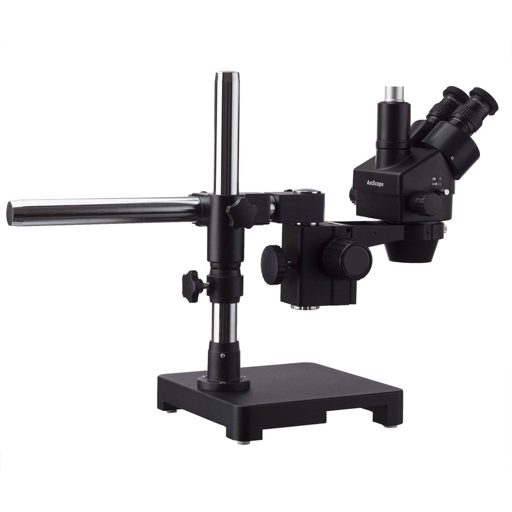 Black Trinocular Stereo Zoom Microscope on Single Arm Boom Stand with 144 LED Ring-light and 5MP Camera X55563