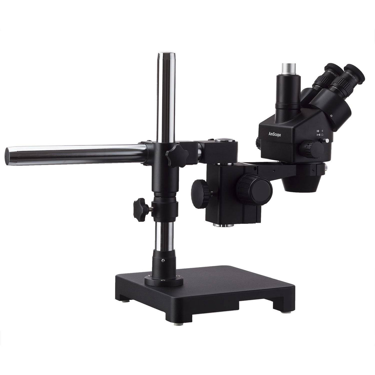 Black Trinocular Stereo Zoom Microscope on Single Arm Boom Stand with 144 LED Ring-light and 5MP Camera X55563