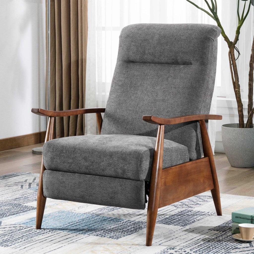 Charcoal Polyester Fabric Wood Arm Push Back Recliner A9136