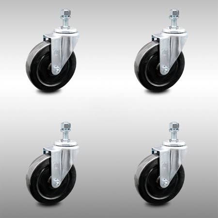 5 inch Hard Rubber Wheel Swivel 10mm Threaded Stem Caster Set C8786