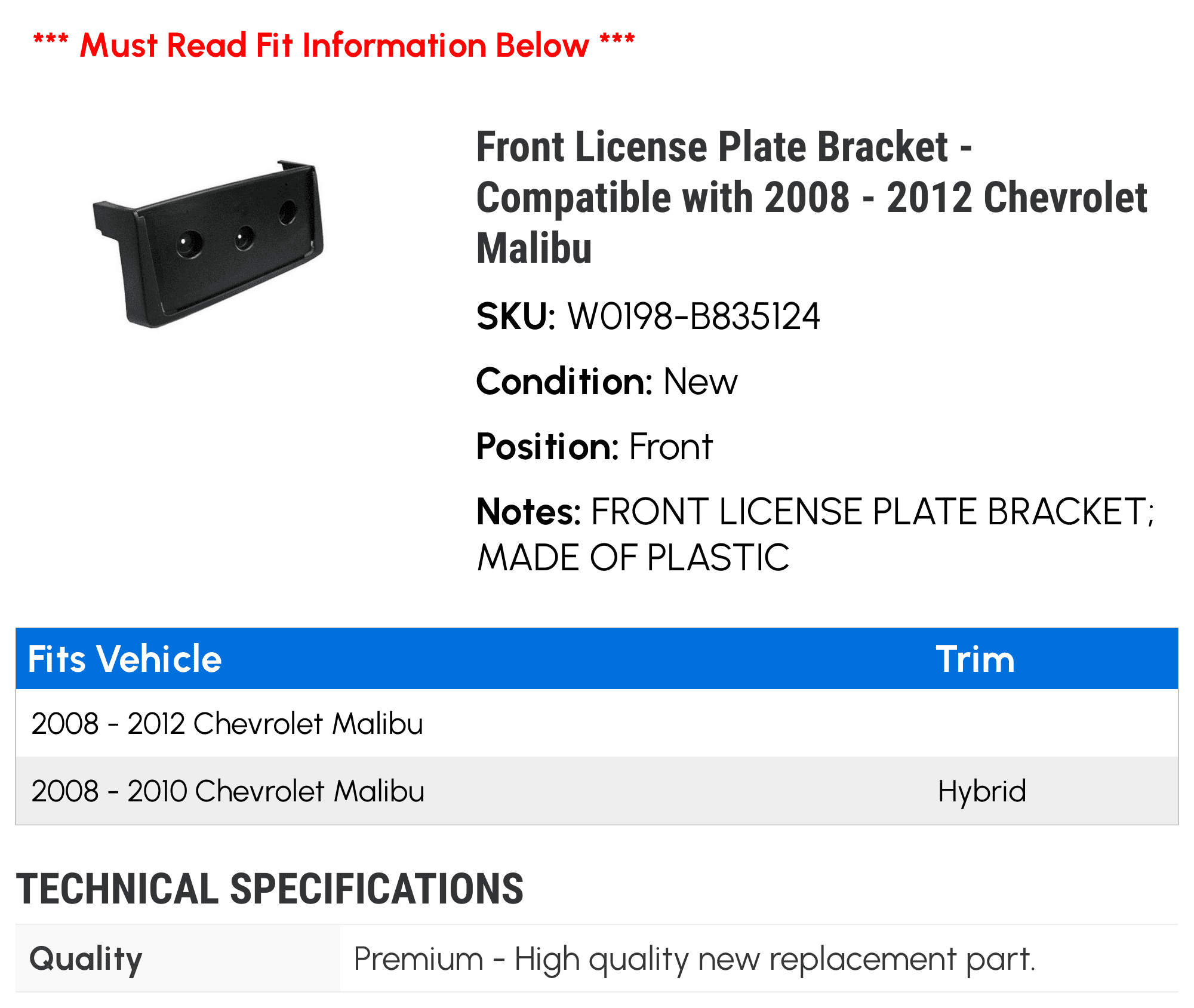 Front License Plate Bracket for 2008-2012 Chevy Malibu L976789