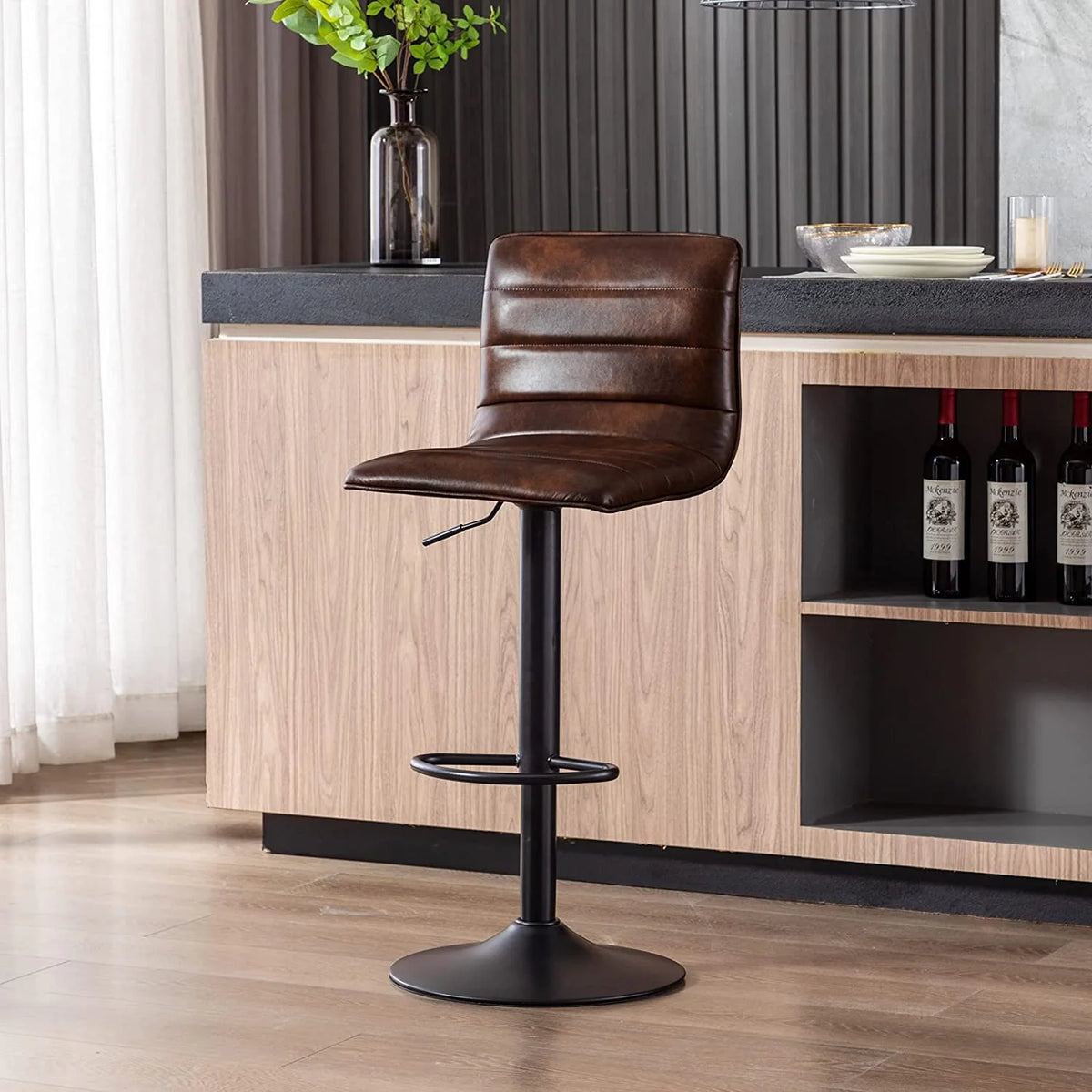 Brown Leather Swivel Adjustable Bar Stool with Back D5429