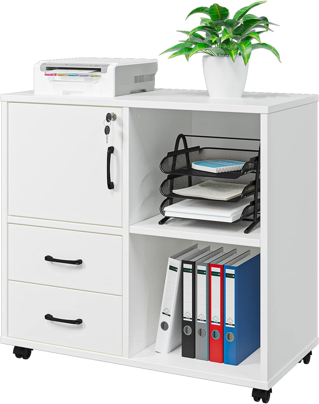 White Rolling Office Storage Cabinet with 2 Drawers and 3 Shelves Q88705