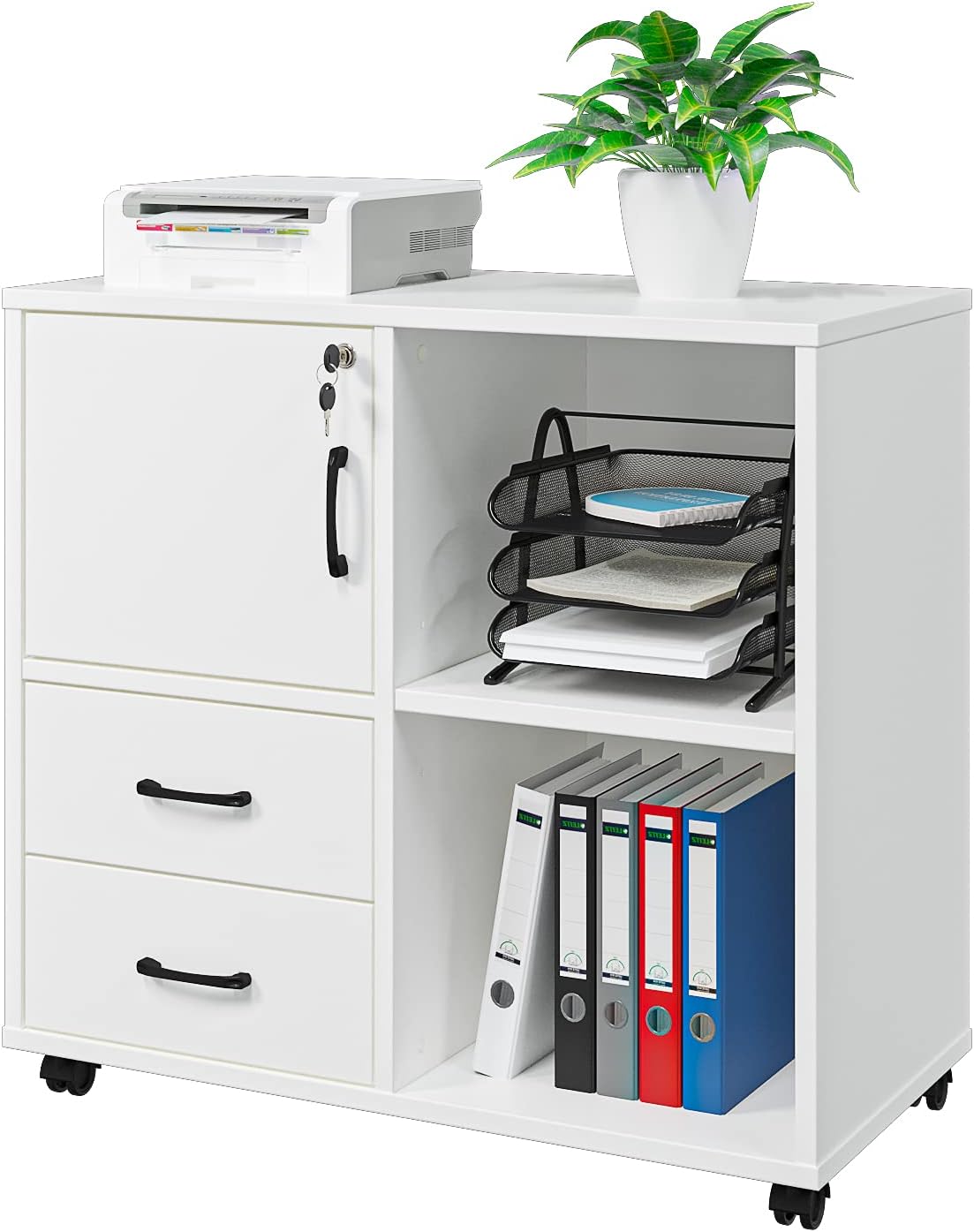 White Rolling Office Storage Cabinet with 2 Drawers and 3 Shelves Q88705
