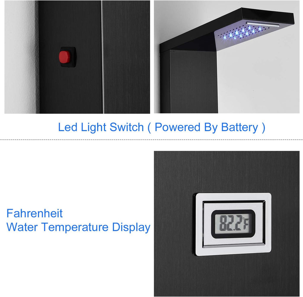 Stainless Steel Shower Panel Tower System with LED Rainfall Shower Head, Handheld Shower Head, 4 Body Jets, Tub Spout, Water Temperature Display R27405