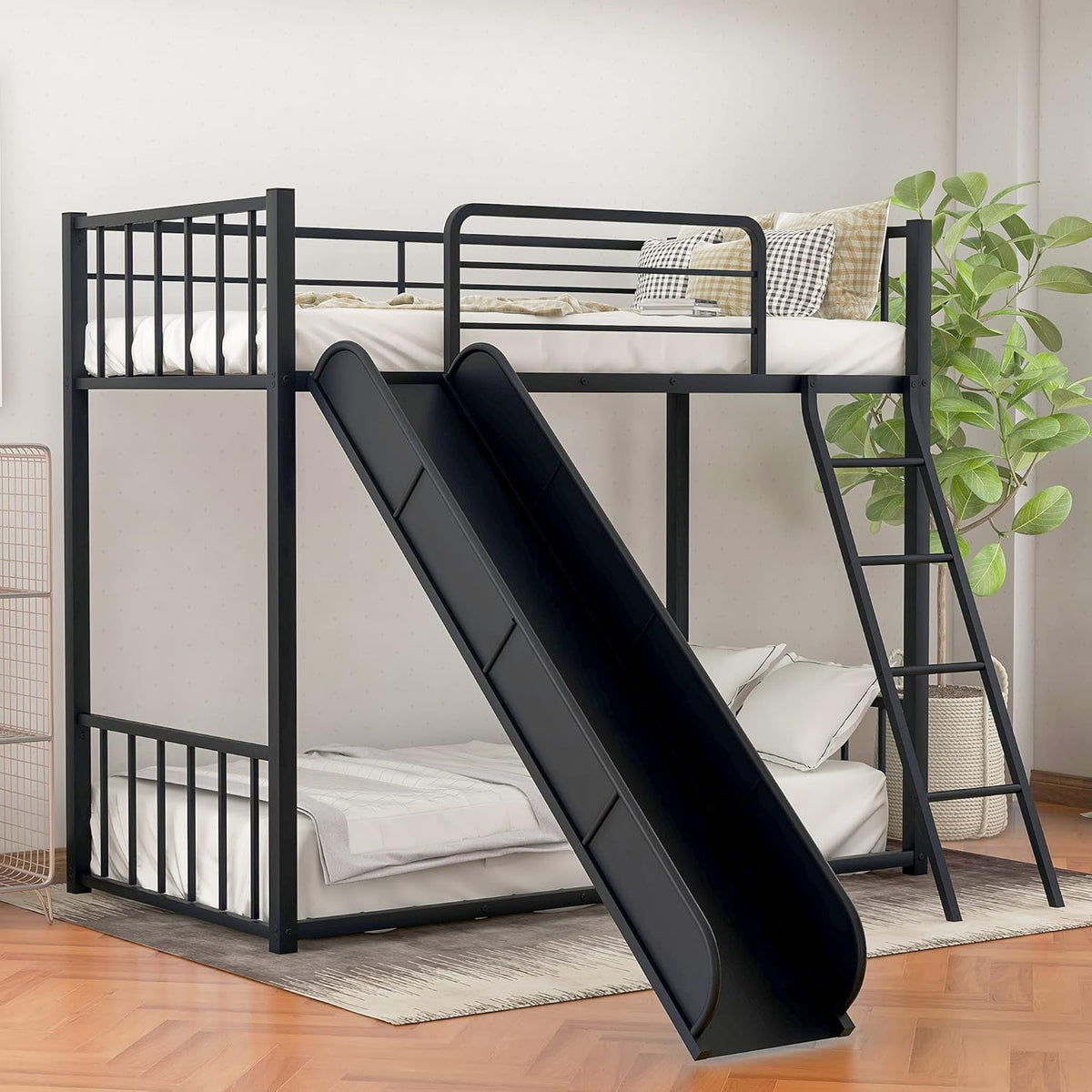 Twin Low Bunk Bed with Slide and Ladder, Black D8526