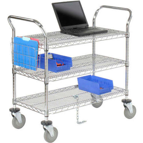 Chrome 3 Shelf Utility Cart with Polyurethane Brake Casters O8834