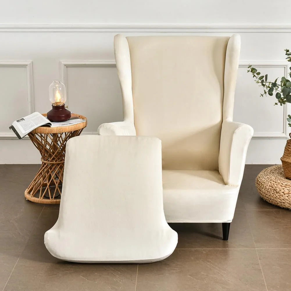 Beige Velvet Stretch Wingback Chair Sofa Slipcover with Elastic Bottom I5340