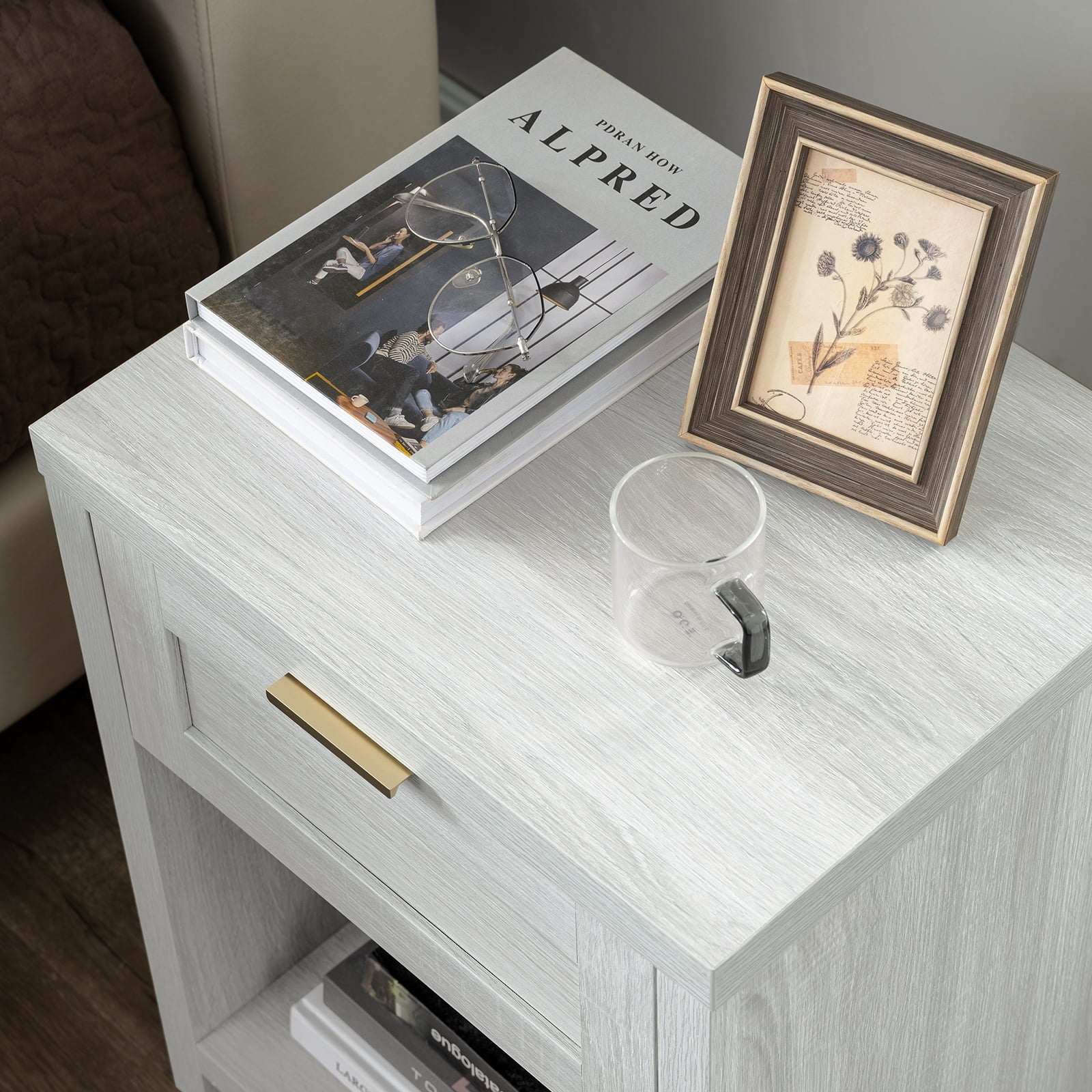 Pale Oak Nightstand with Drawer and Storage Shelf P42250