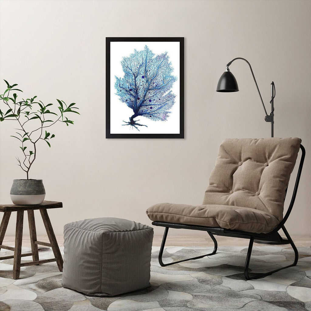 Blue Fan Coral Print in Black Frame V417