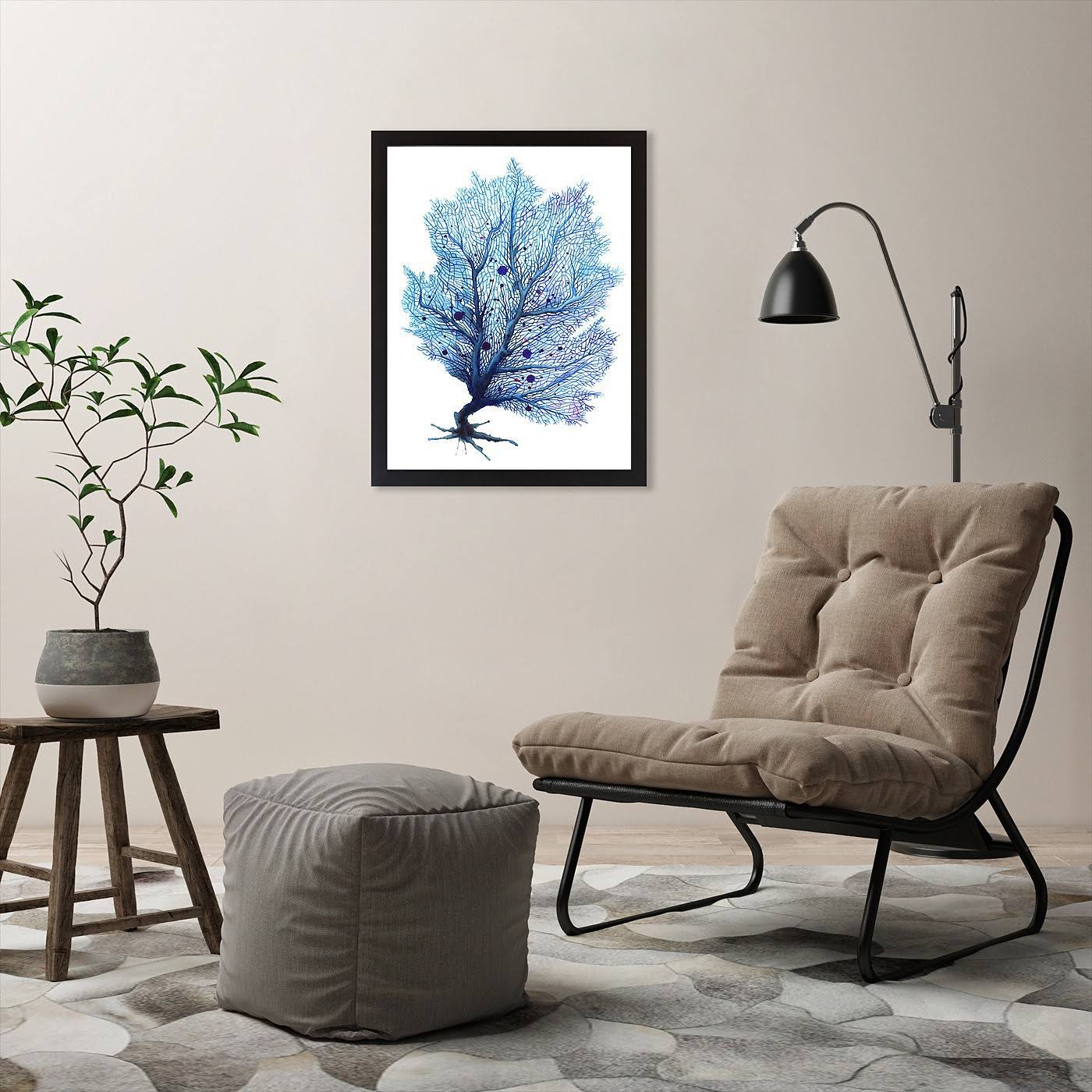 Blue Fan Coral Print in Black Frame V417