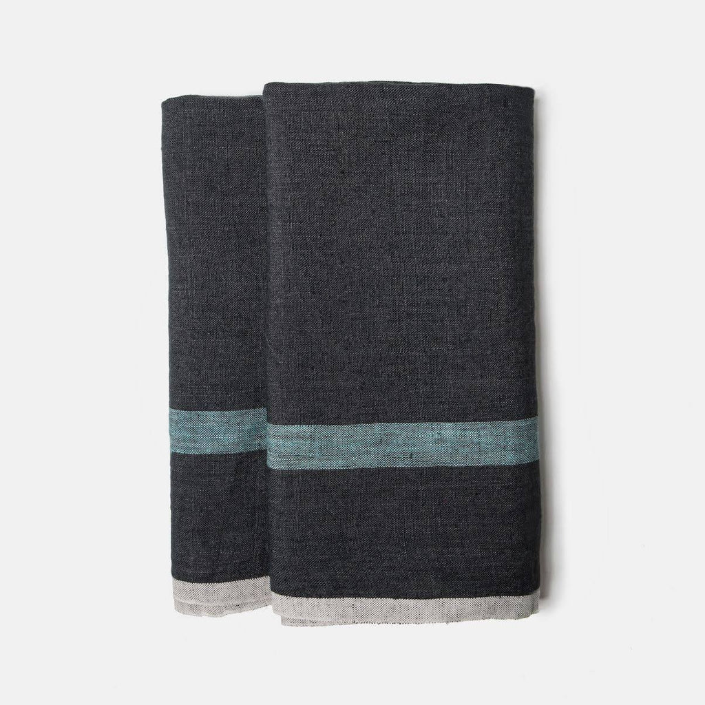 Charcoal/Aqua Laundered Linen Tea Towels, Set of 2 Y171