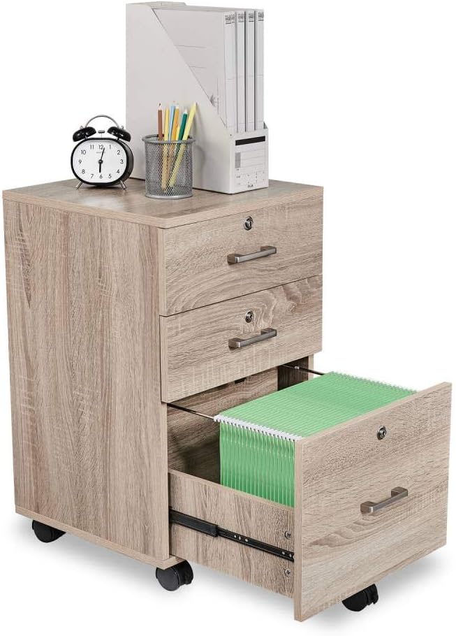 Oak 3-Drawer Rolling Wood File Cabinet with Lock K9472