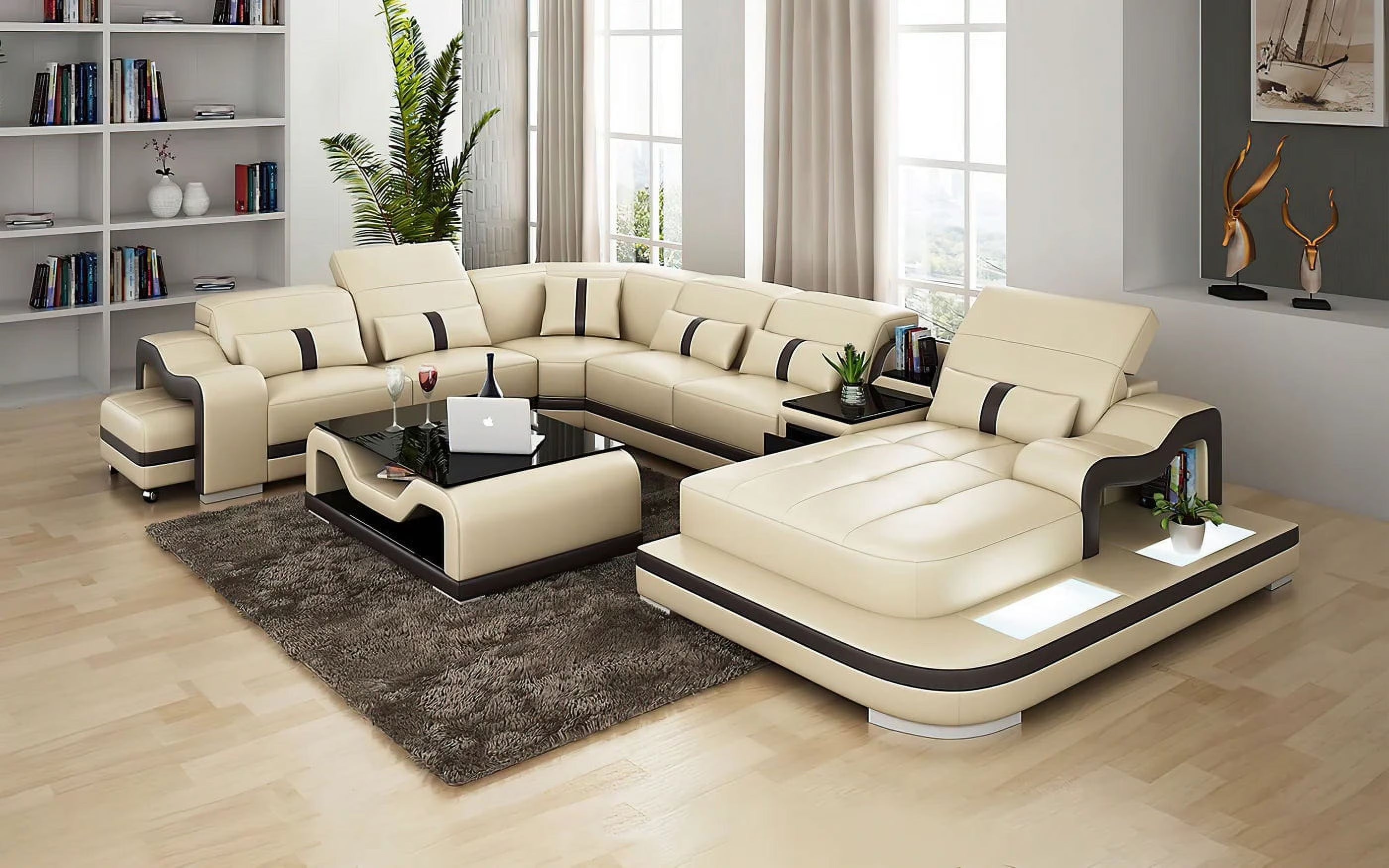 Beige and Dark Brown Top Grain Leather Sectional D580882