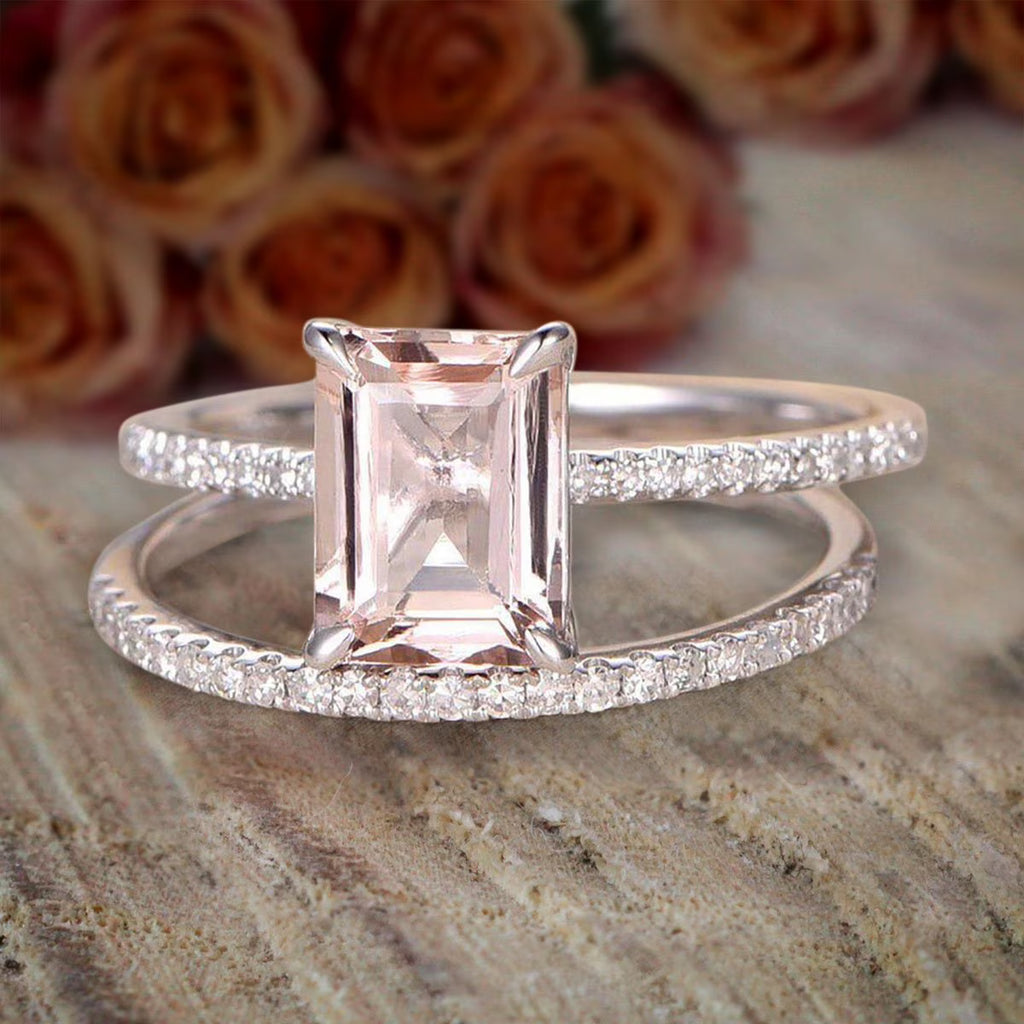Emerald Cut Morganite Moissanite Engagement Ring Bridal Set with 18k Gold Plating D713680