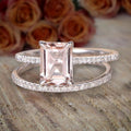 Emerald Cut Morganite Moissanite Engagement Ring Bridal Set with 18k Gold Plating D713680