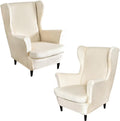 Beige Velvet Stretch Wingback Chair Sofa Slipcover with Elastic Bottom I5340