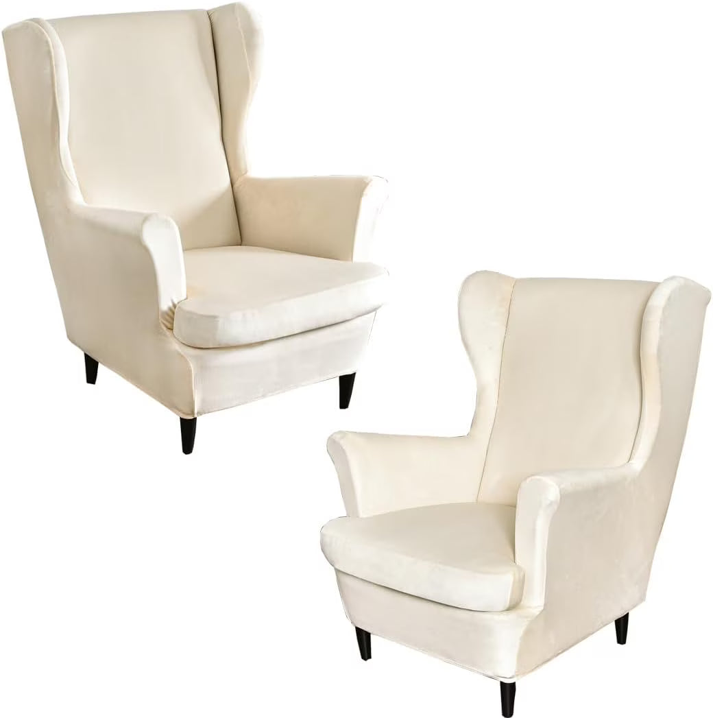 Beige Velvet Stretch Wingback Chair Sofa Slipcover with Elastic Bottom I5340