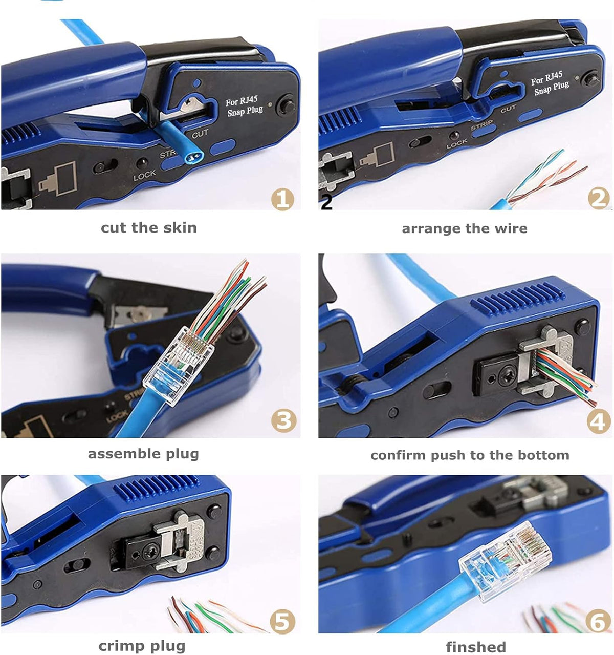 RJ45 Crimp Tool Ethernet Cable Crimper Wire Cutter Stripper Network Pass Through Crimping Tool Kit for Cat5e Cat6 Cat6a, 50Pcs Cat6 Connector & 50Pcs Cat6 Protector Cover K422