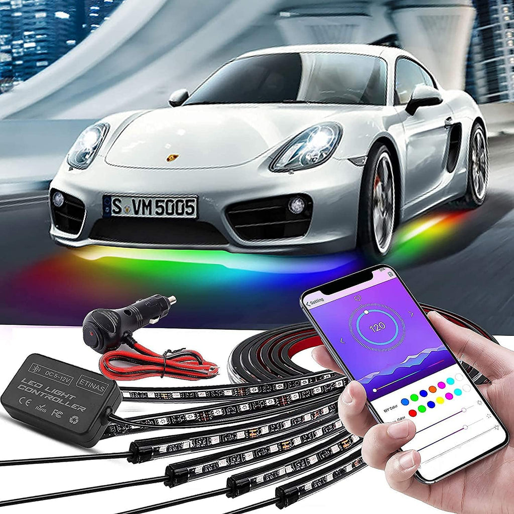 Car Underglow Lights, Bluetooth Dream Color Chasing Strip Lights Kit, 6 PCS Waterproof Exterior Car Lights with APP Control, 12V 300 LEDs Underbody Lights, Pack of 2 E655