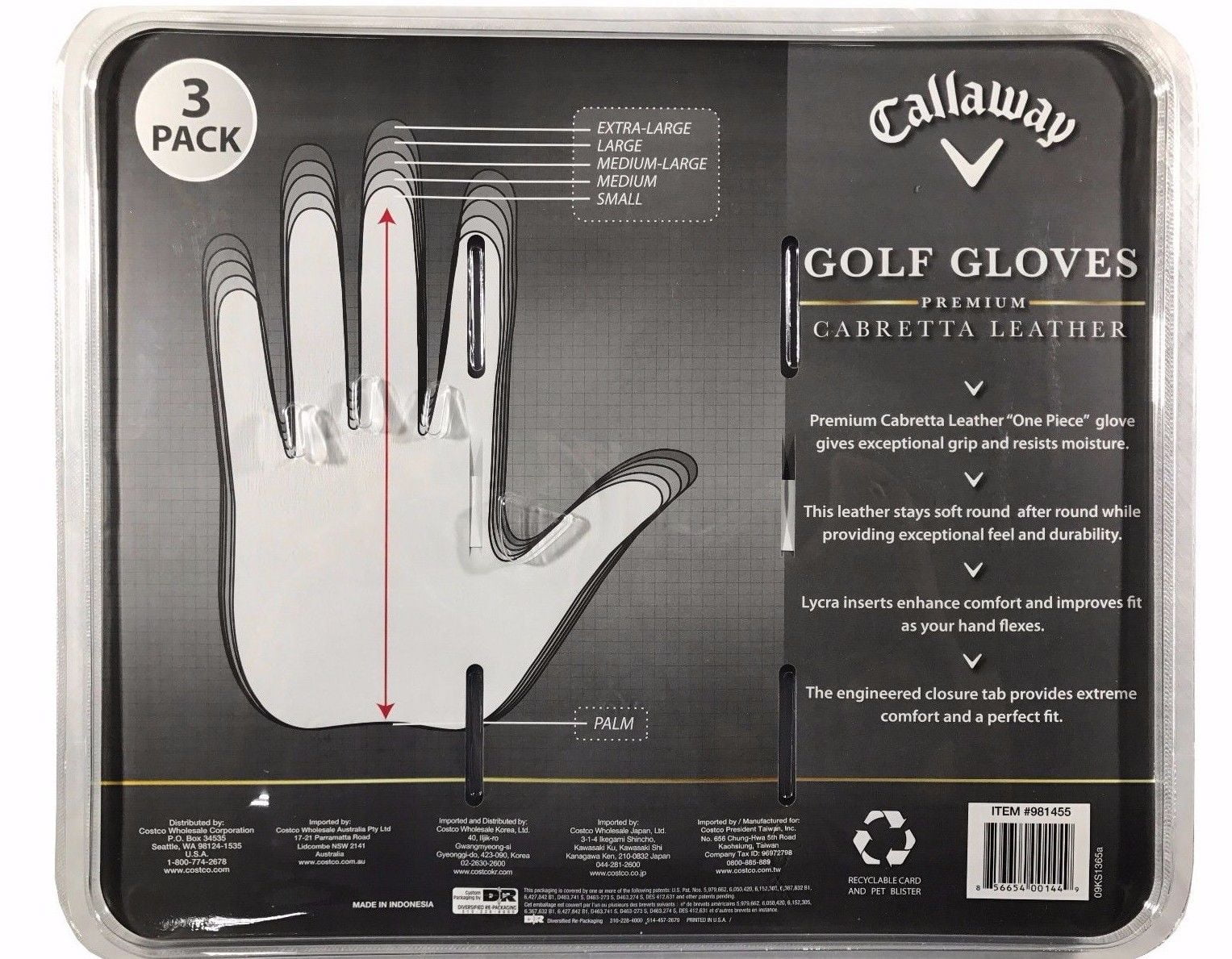 3 Pack Left Hand Cabretta Leather Golf Gloves C2180
