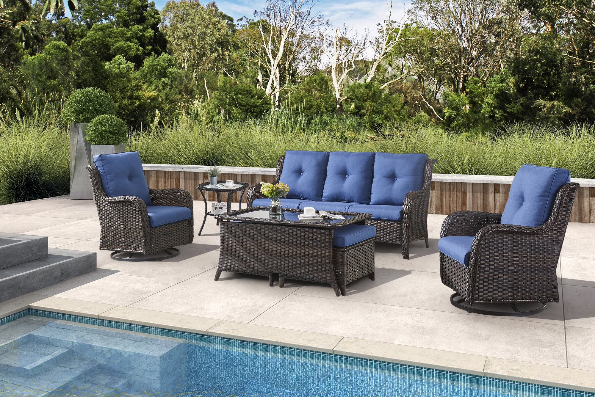 Blue 7 Pcs Outdoor Rattan Patio Furniture Set with Cushion Q5540