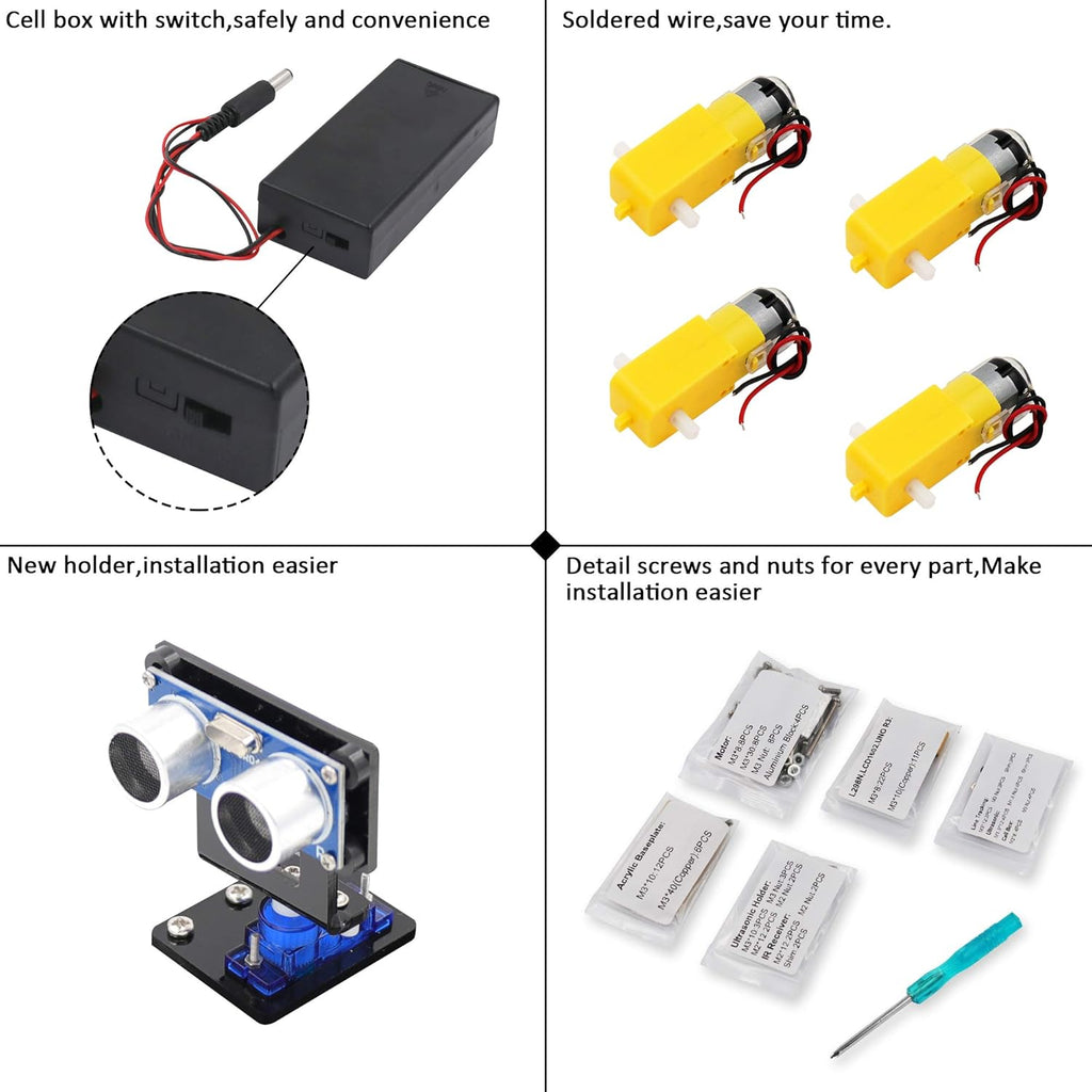 Smart Robot Car Kit with Ultrasonic Sensor, Bluetooth Module, R3 Board, Pack of 2 W7503