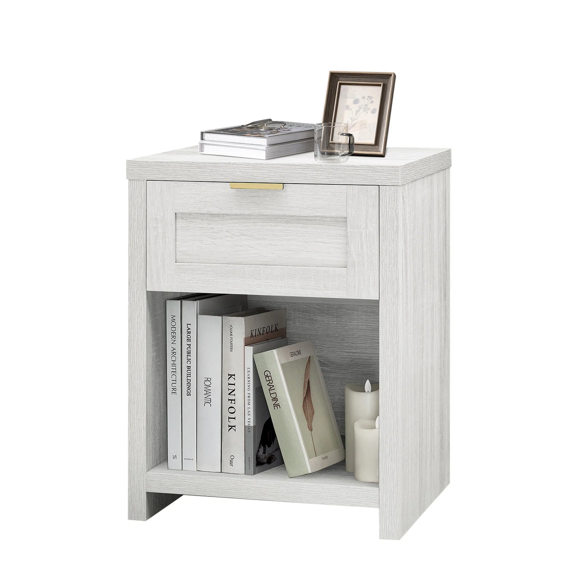 Pale Oak Nightstand with Drawer and Storage Shelf P42250