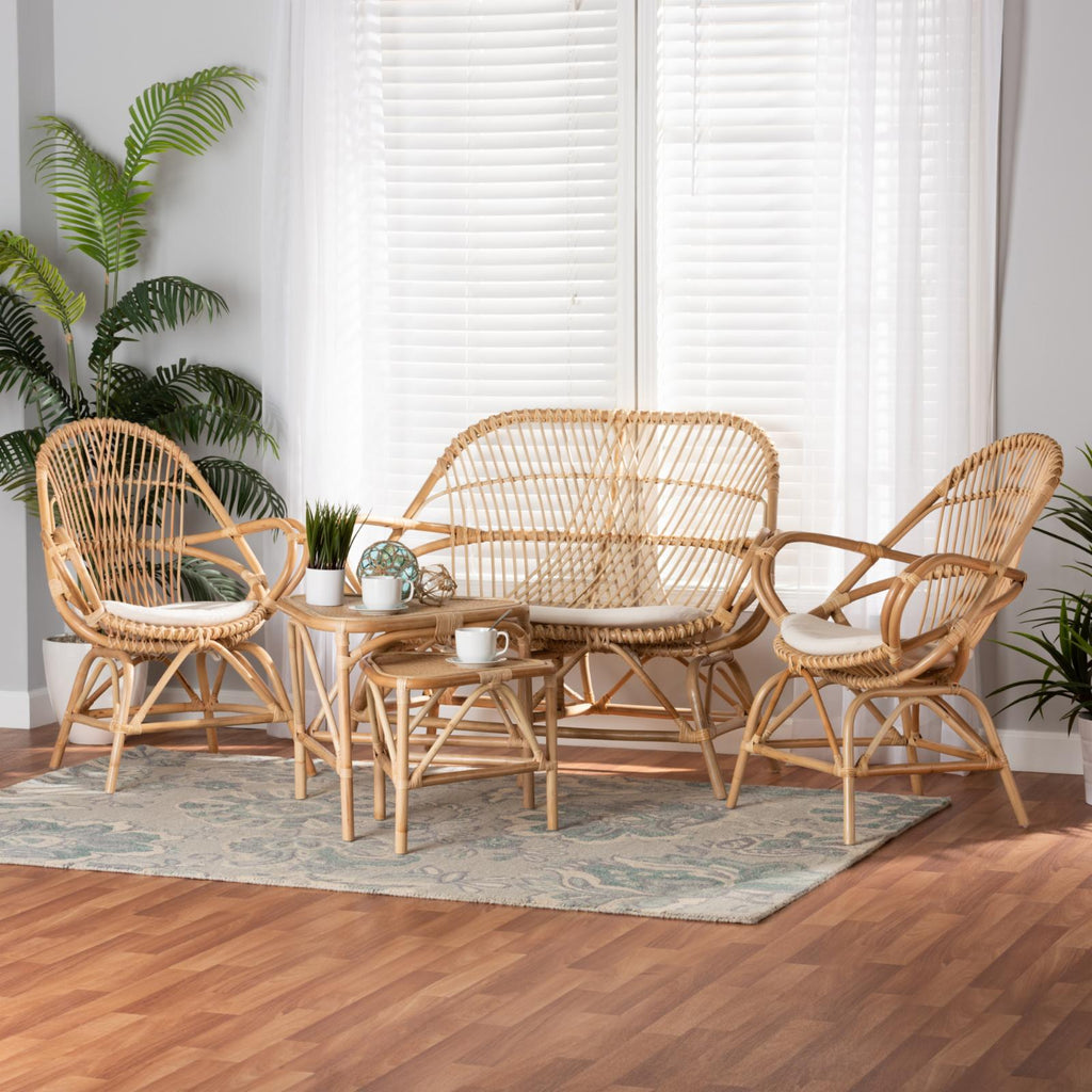 White Fabric and Brown Rattan 5-Pc Living Room Set B700860